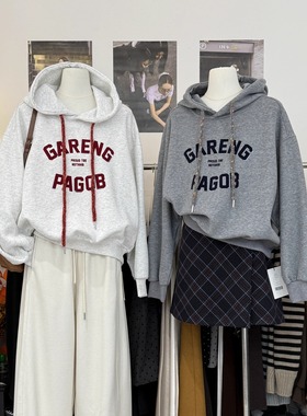 韩系学院风撞色字母连帽卫衣女25年秋冬新款慵懒宽松显瘦保暖帽衫