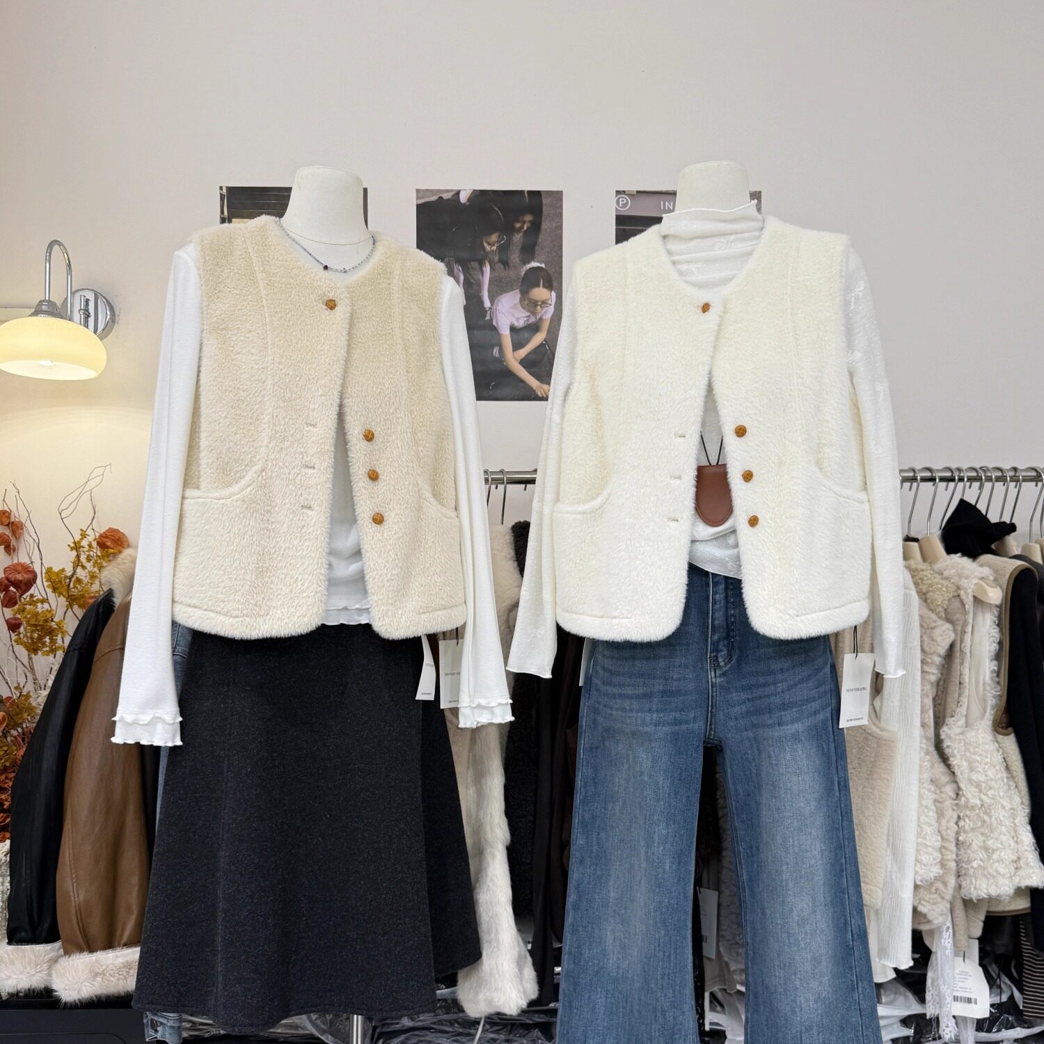 韩版时尚精致蘑菇扣仿水貂毛圆领马甲女冬季新款皮毛一体叠穿背心