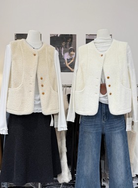 韩版时尚精致蘑菇扣仿水貂毛圆领马甲女冬季新款皮毛一体叠穿背心