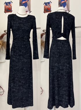 春秋晕染棉针织长袖收腰连衣裙女后背镂空修身包臀裙黑色垫肩长裙