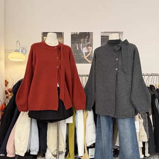 超仙~氛围感飘带领外披型毛衣外套女冬季新款设计感气质针织上衣