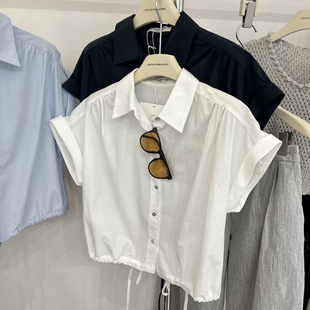 EVERLASTING翻领polo天丝短袖 休闲衬衣 衬衫 女夏韩系下摆抽绳卷袖