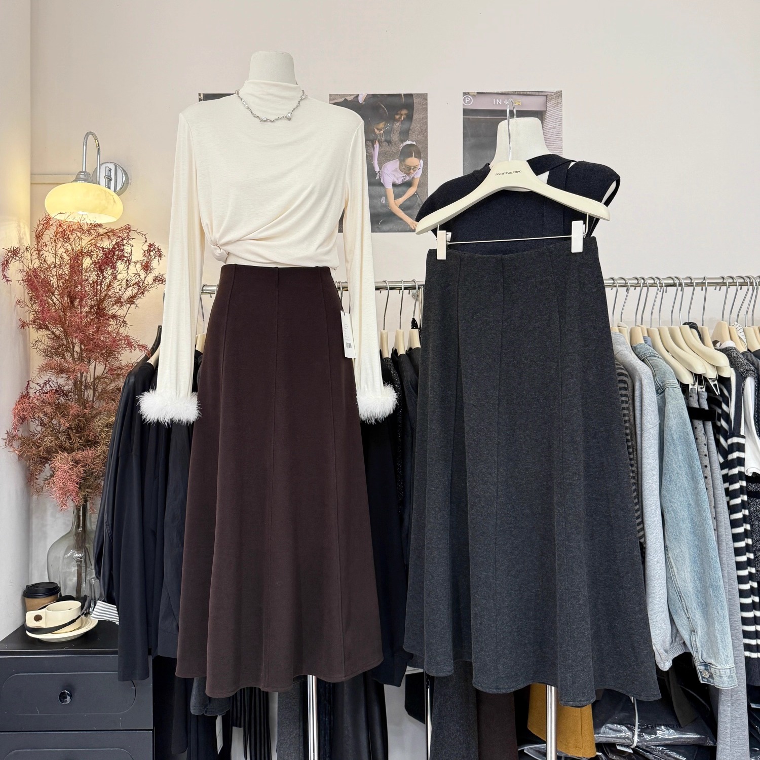 法式拼接毛呢羊绒半身裙中长款女