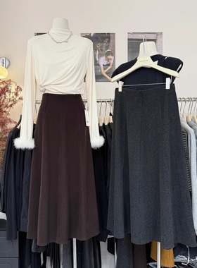 温柔灵动气质分裁羊毛呢半身裙女2025秋冬新款显瘦垂感大摆裙长裙