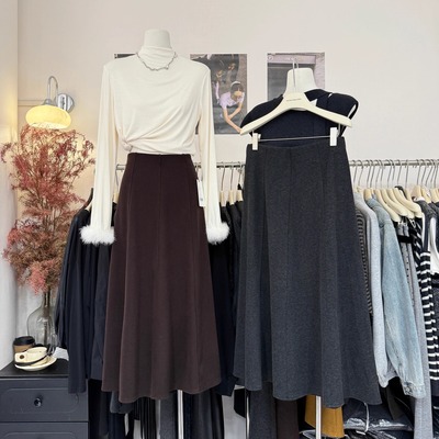 法式拼接毛呢羊绒半身裙中长款女