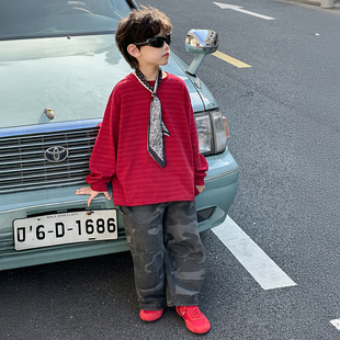 男孩红色长袖T恤春秋款春季新款儿童春装打底衫丝巾上衣男孩韩版T