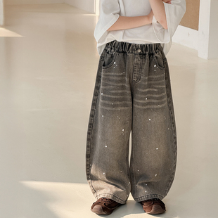美式复古泼墨做旧牛仔裤男宽松阔腿裤高腰显瘦长裤