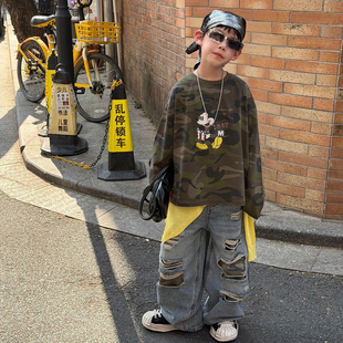 男童长袖T恤春秋款2026新款春季儿童纯棉打底衫男孩痞帅迷彩上衣