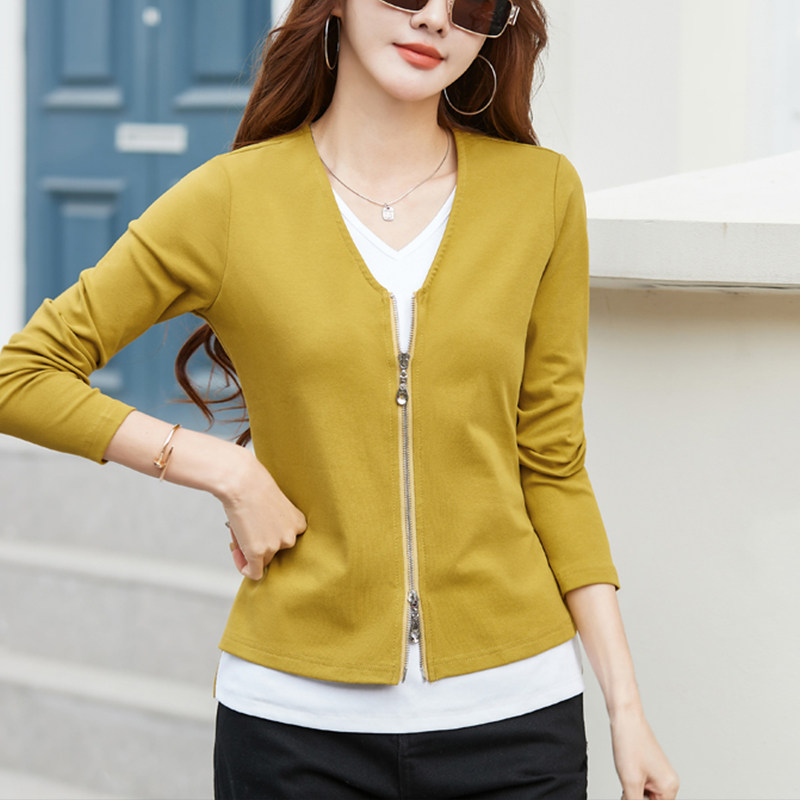 假两件纯棉长袖t恤女2025春秋新款拉链百搭体恤衫设计感外穿上衣