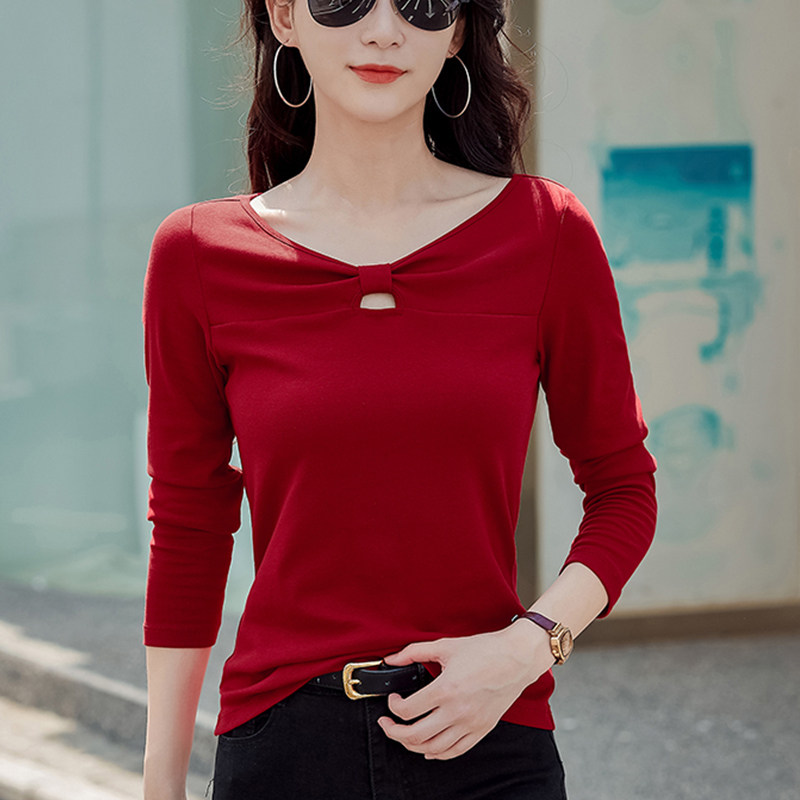 纯棉长袖t恤女V领2025春秋新款修身镂空设计感漂亮小衫体恤上衣女