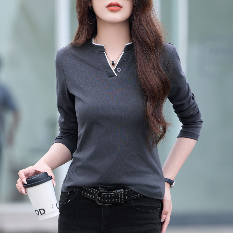 撞色V领正肩长袖t恤女2026春秋新款修身洋气小衫休闲外穿打底上衣