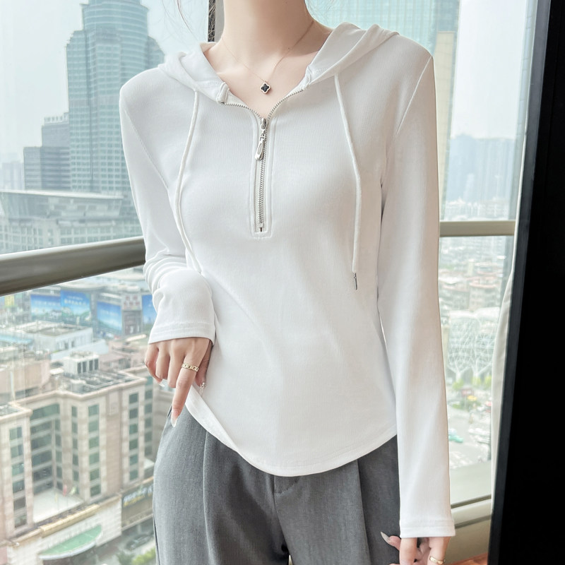 连帽抽绳长袖t恤女春秋新款修身显瘦打底衫拉链休闲白色卫衣上衣