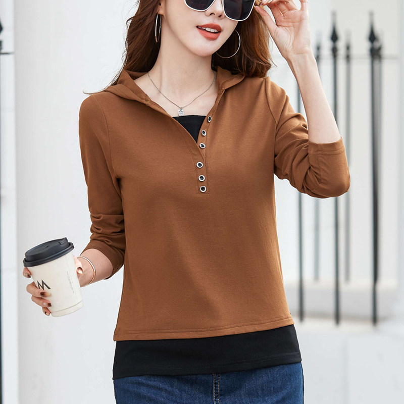 纯棉连帽假两件长袖t恤女2025春秋新款时尚卫衣宽松休闲百搭上衣