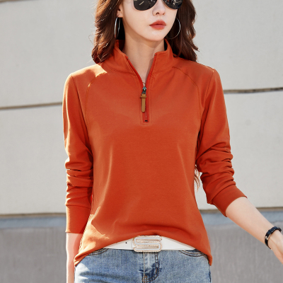 纯棉立领拉链长袖t恤女打底衫2026春秋新款翻领内搭休闲运动上衣