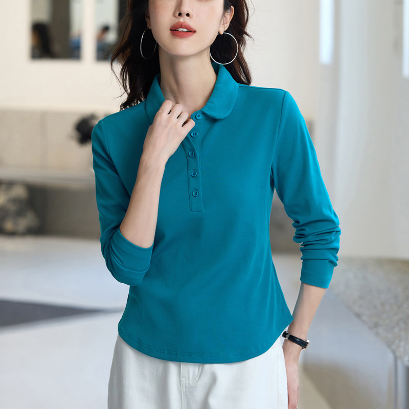 翻领纯棉长袖t恤女2025春秋新款修身内搭打底衫正肩休闲小衫上衣