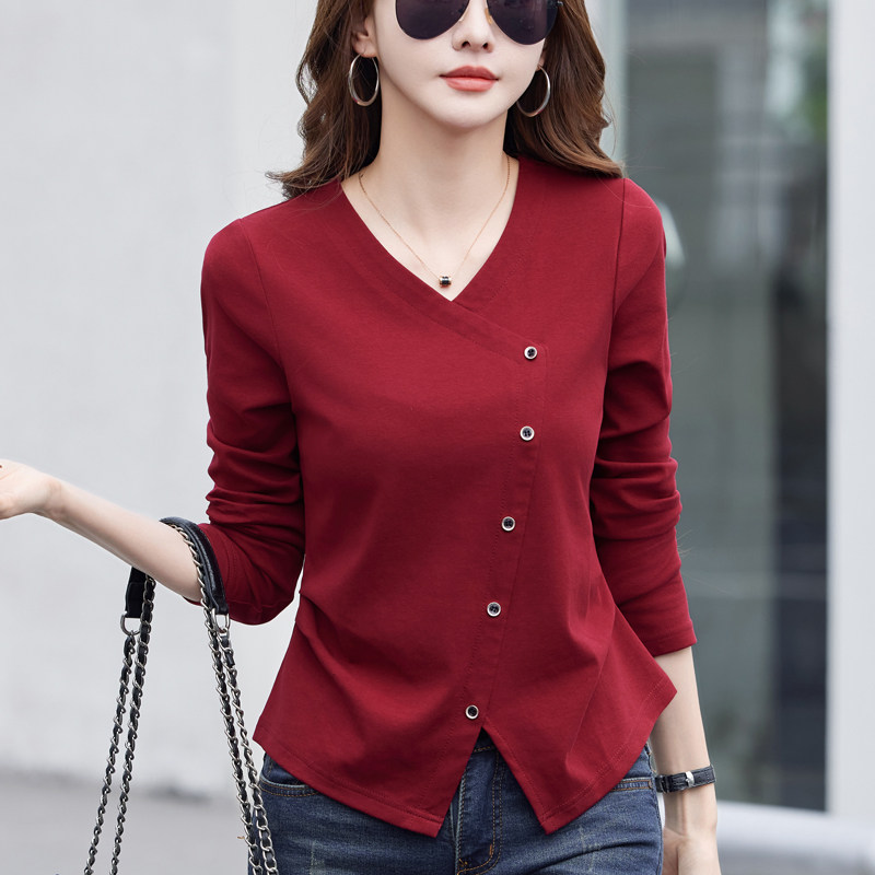 纯棉正肩v领长袖t恤女春秋季新款显瘦气质洋气小衫外穿百搭上衣服