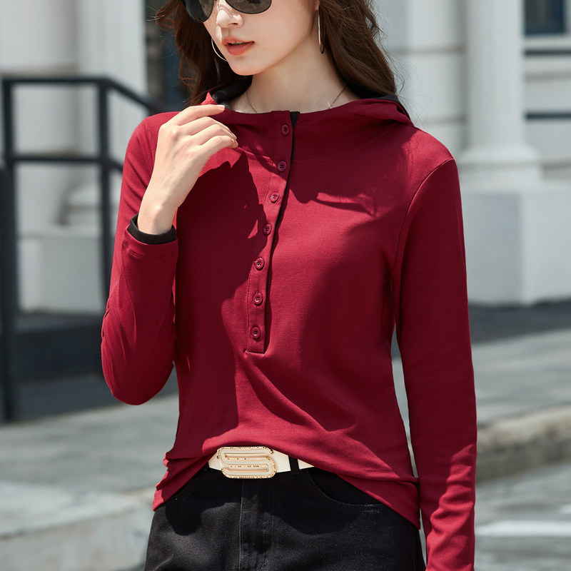 连帽撞色纯棉长袖t恤女2026春秋新款打底衫洋气小衫帽衫百搭上衣