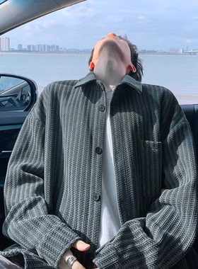 美式痞帅鱼骨纹小香风外套男生春秋季潮牌青少年宽松翻领长袖衬衫