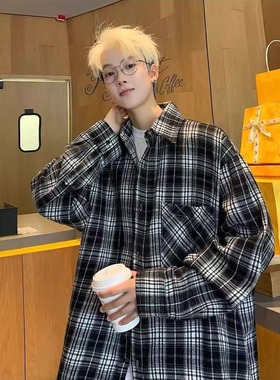 黑白格子长袖衬衫男秋季潮牌美式复古宽松高级感衬衣情侣休闲外套