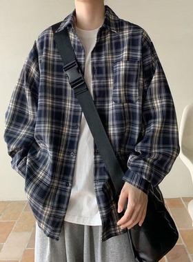 港风高街格子长袖衬衫男女春秋季复古潮牌宽松休闲学生衬衣薄外套