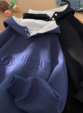 美式重磅排扣半高领连帽卫衣男女秋冬季宽松百搭钢印硬挺慵懒外套