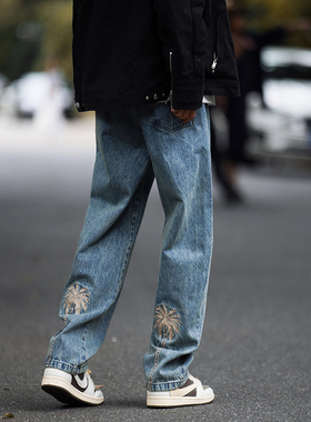 美式潮牌复古牛仔裤男春秋季高街痞帅宽松系绳直筒休闲刺绣长裤子