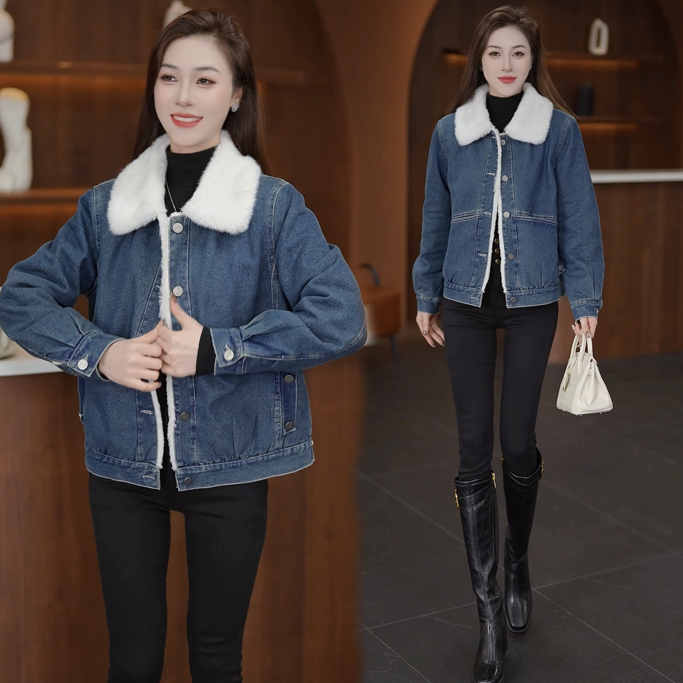 绝美巨好看的牛仔羊羔毛外套女