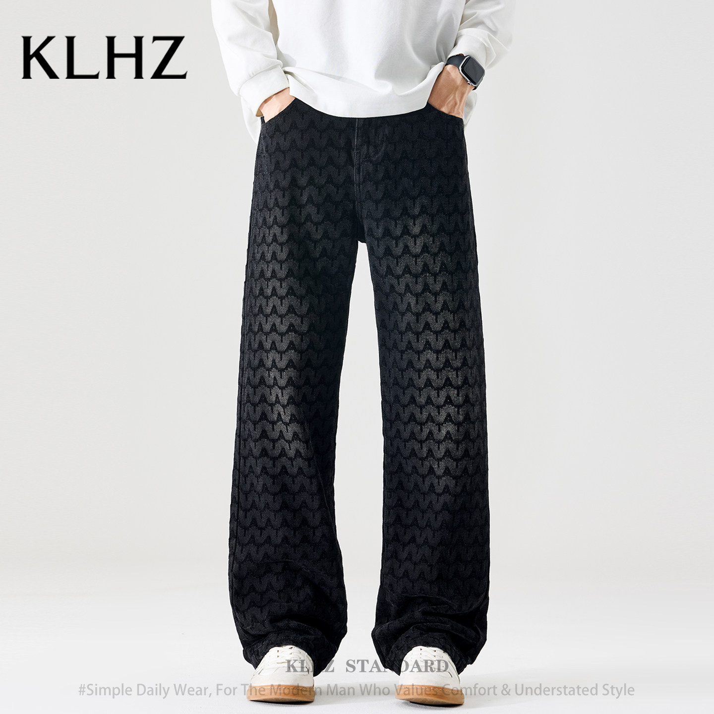 【KLHZ】高端轻奢黑色牛仔裤男士夏季亚麻薄款宽松直筒高级感长裤
