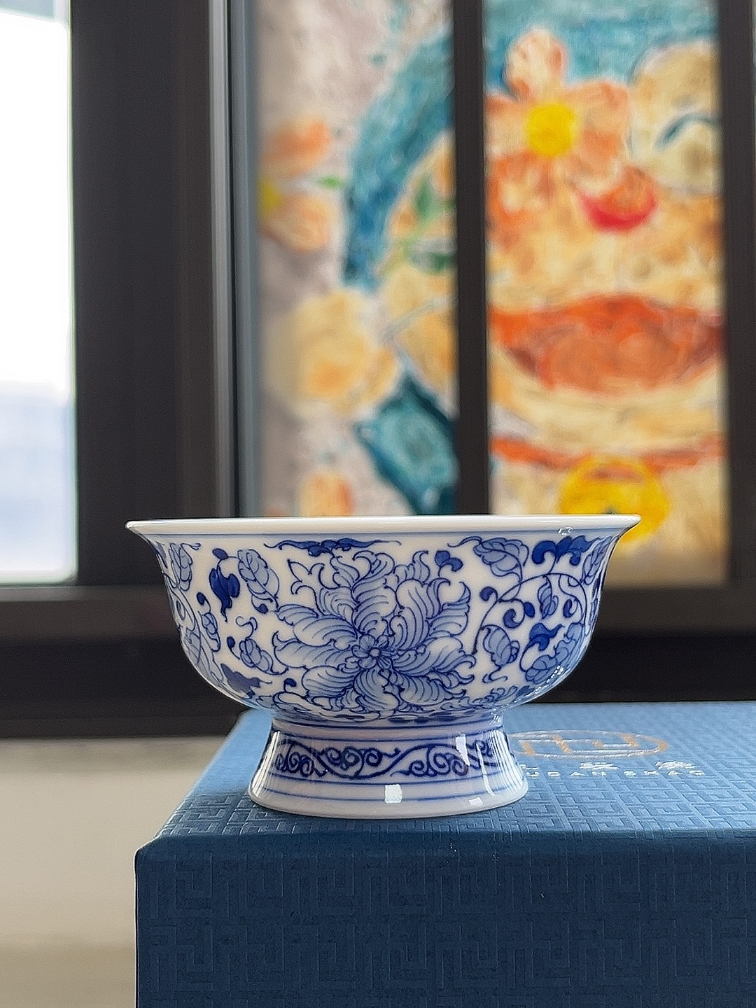 九段烧 妙手青花款缠枝牡丹小高足 景德镇青花手绘主人杯茶杯65ml