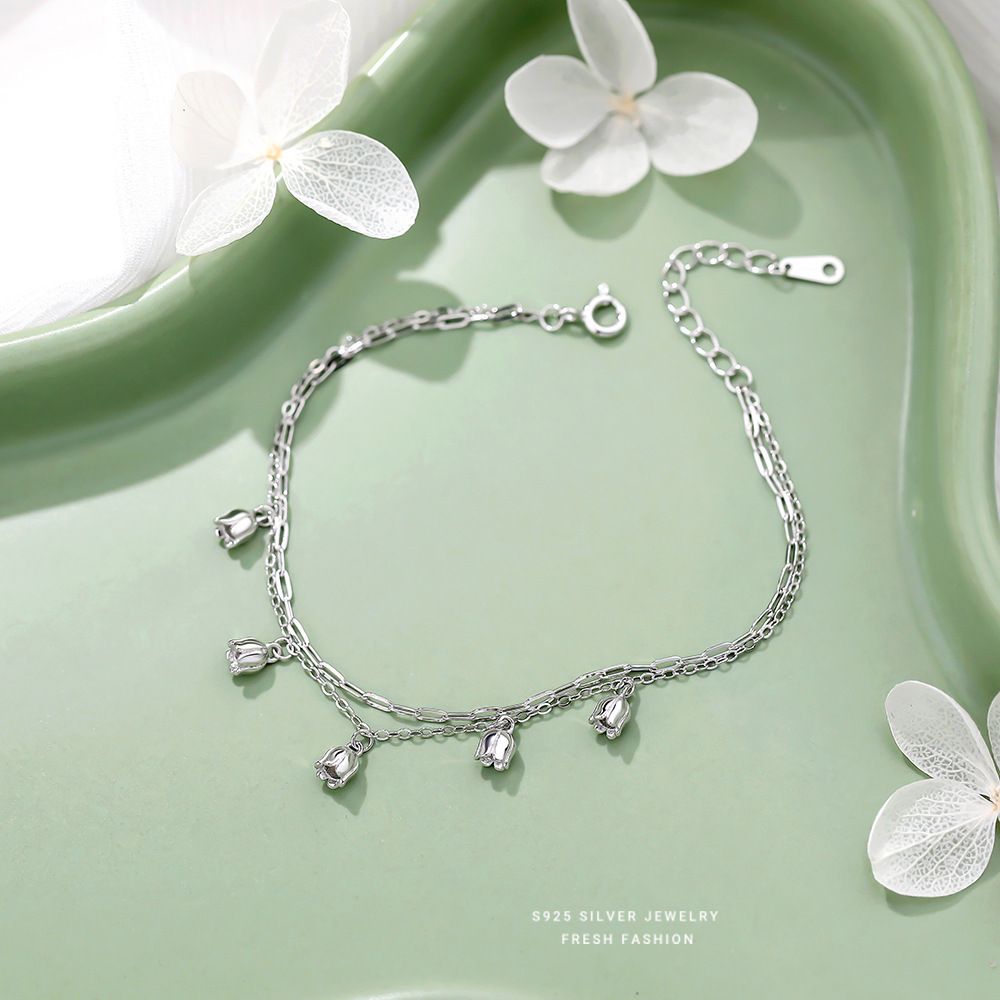 韩版S925纯银小清新流苏铃兰花手链女双层叠戴风素银质感手饰百搭