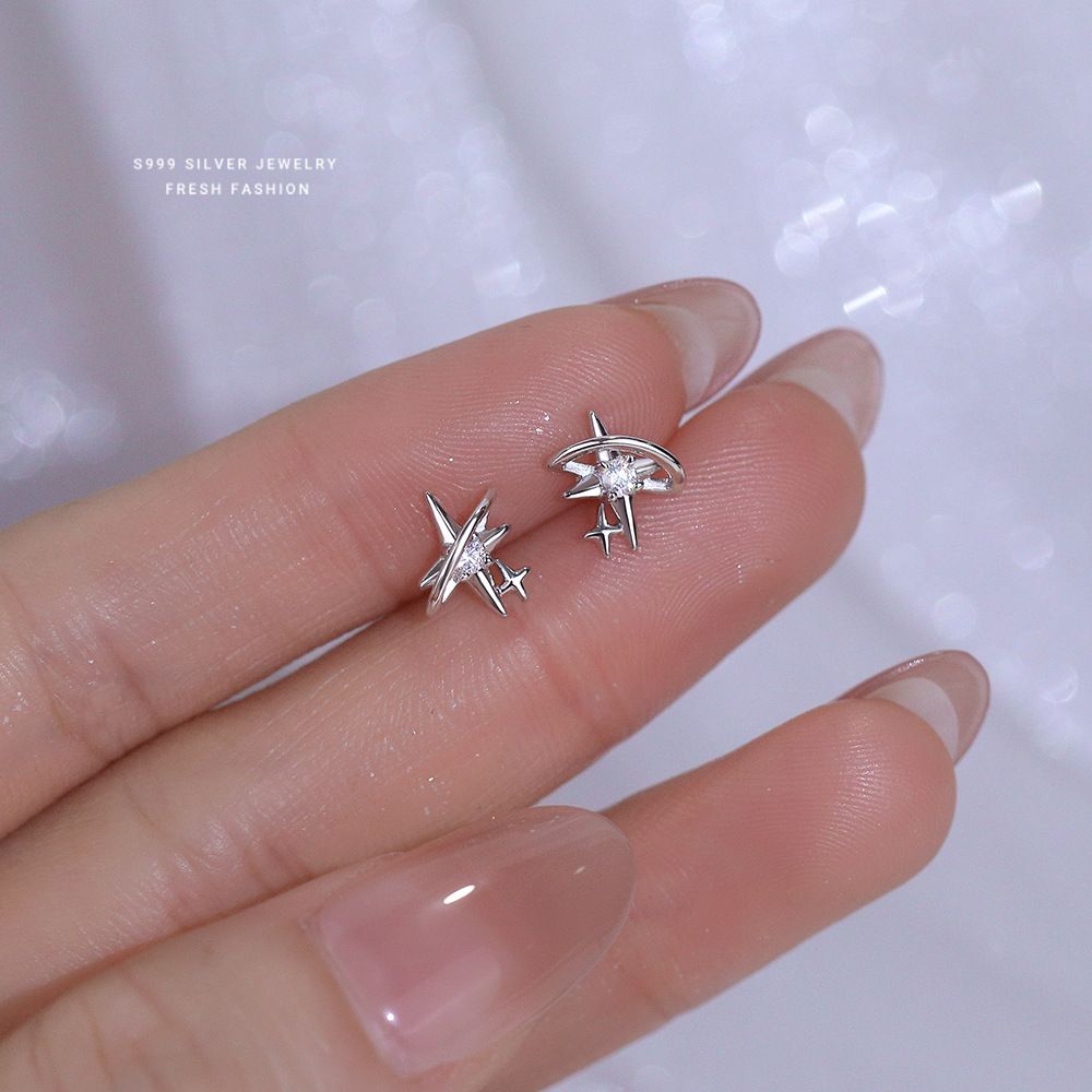 韩版个性冷淡风四芒星锆石耳钉女s999纯银百搭轻奢足银星星耳饰