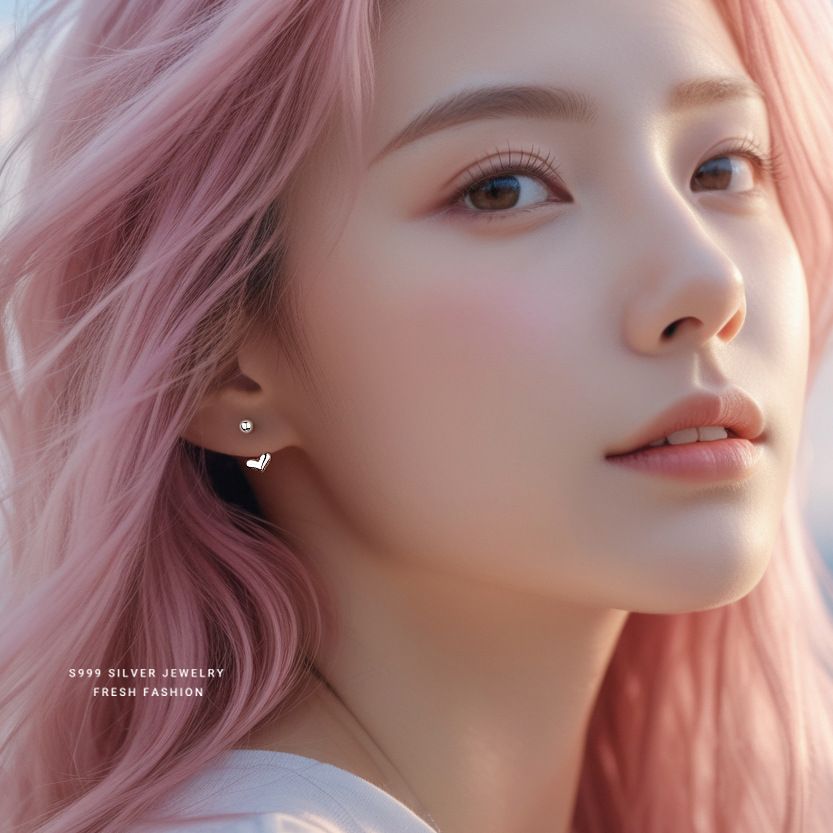 小众百搭后挂式爱心耳钉女s999纯银圆珠螺纹耳钩个性足银耳饰代发