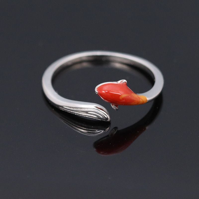 S925纯银戒指女韩版简约橙色渐变锦鲤指环个性清新活口文艺手饰品