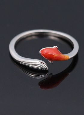 S925纯银戒指女韩版简约橙色渐变锦鲤指环个性清新活口文艺手饰品