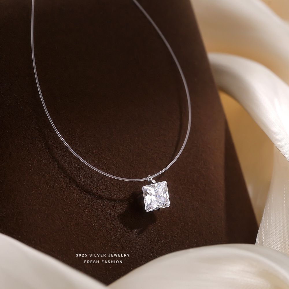 爆款鱼线系列S925纯银锆石方糖吊坠项链女时尚小众人鱼之泪锁骨链