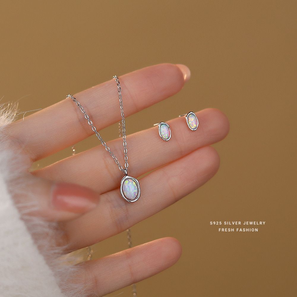 S925纯银合成欧泊石设计简约百搭项链女气质高级感锁骨链礼物