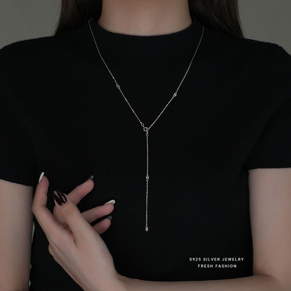 法式轻奢猪鼻子长款项链女s925纯银百搭流苏颈链小众设计毛衣链