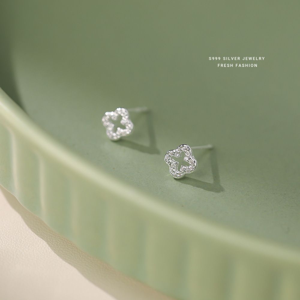 韩版轻奢微镶锆石镂空四叶草耳钉女s999纯银百搭时尚小巧足银耳饰