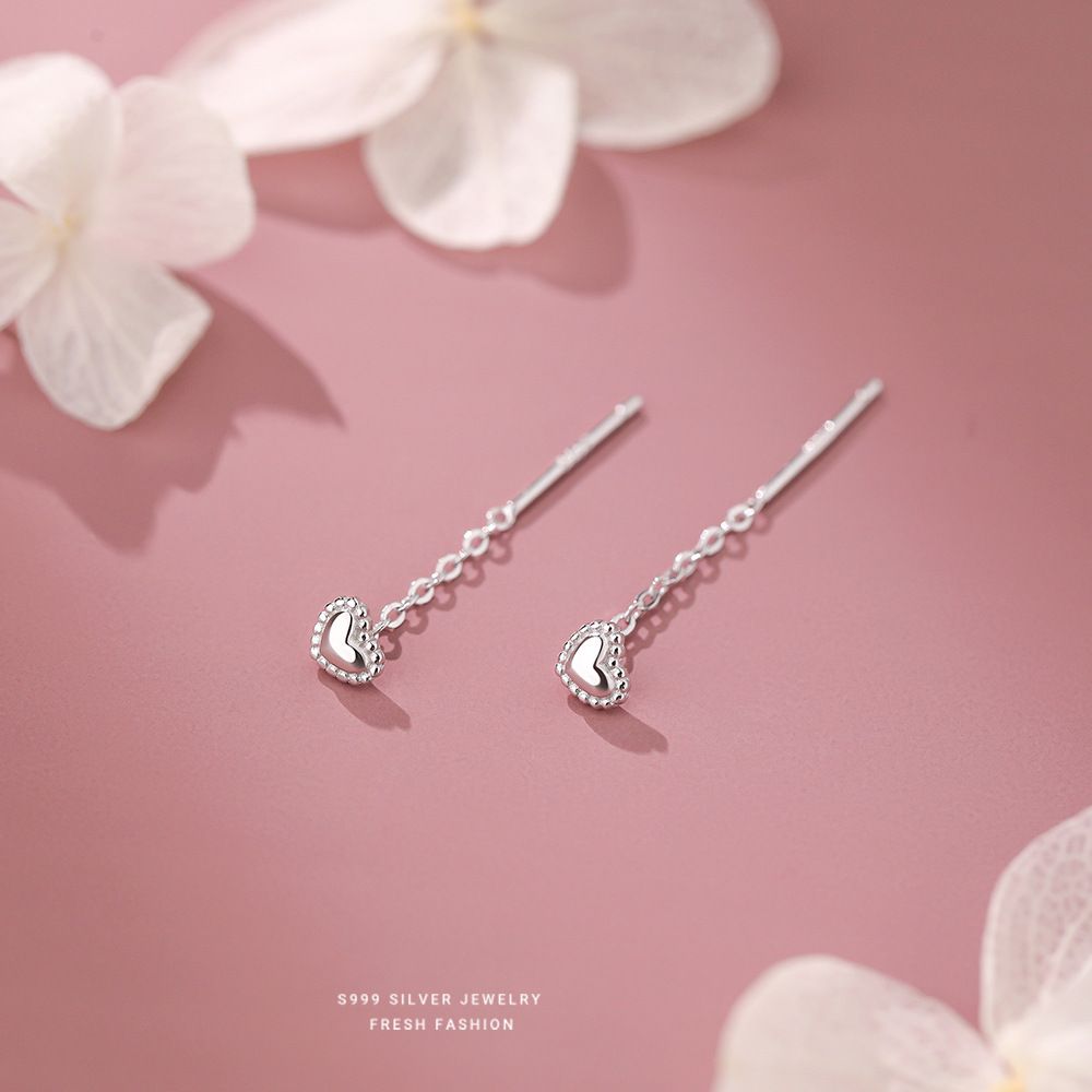 甜美仙女风爱心耳线女s999纯银小巧精致温柔百搭耳饰足银流苏耳钉