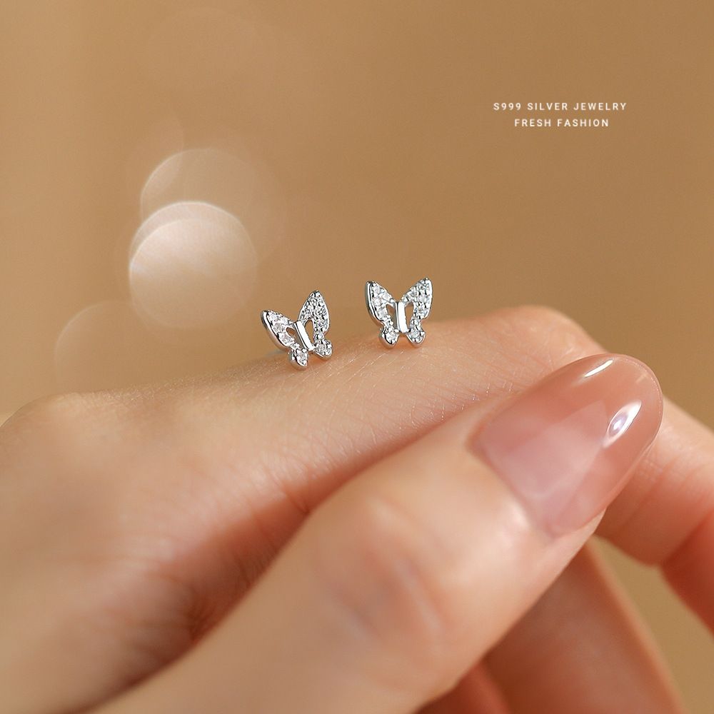 森系小清新微镶锆石蝴蝶耳钉女s999纯银小巧百搭时尚韩版足银耳饰