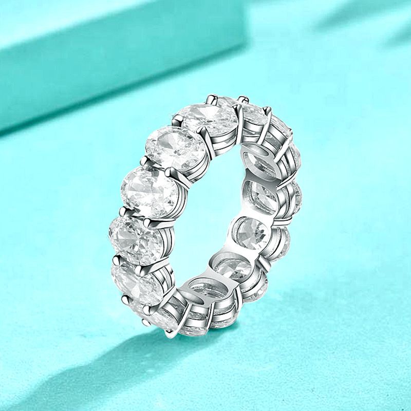 925纯银椭圆形排钻戒指女ins风银饰镶锆石鸽子蛋欧美饰品