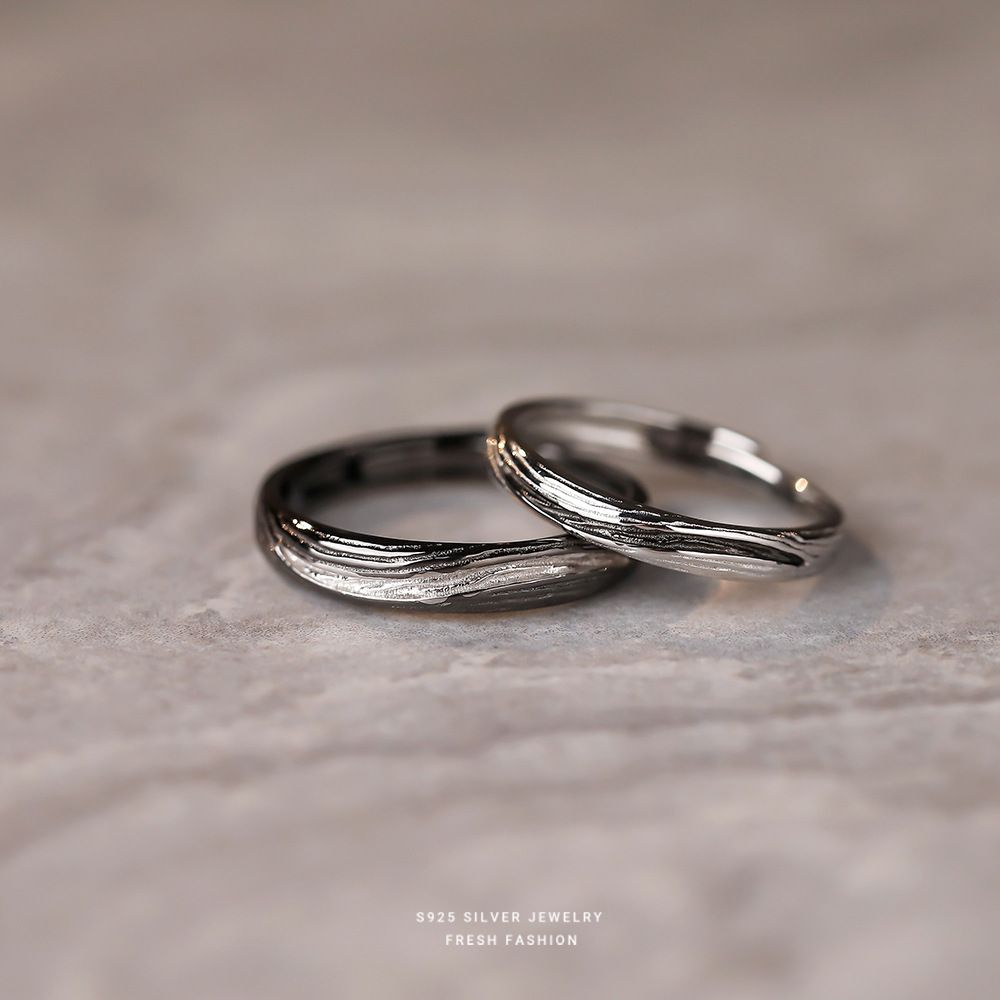 s925纯银七夕青丝白发情侣戒指几何小众国风拉丝气质设计活口对戒