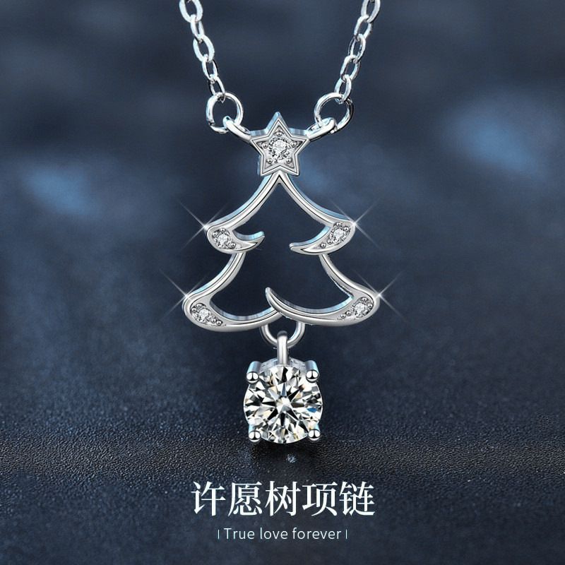 925纯银饰品项链不掉色女欧美复古新品圣诞树莫桑石吊坠创意礼物