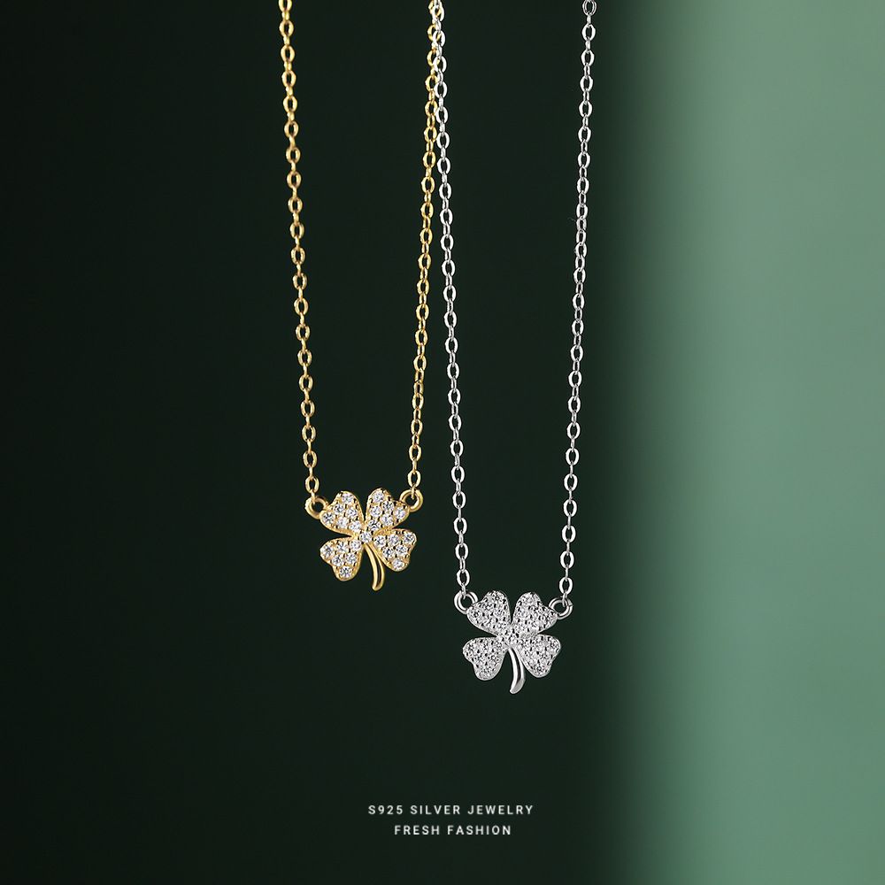 s999纯银镶钻四叶草项链女轻奢设计小众森系小清新足银锁骨链百搭
