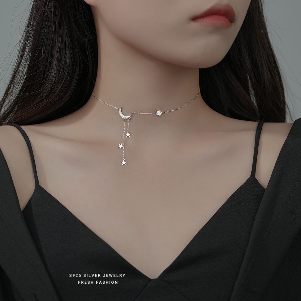 s925纯银星星月亮流苏吊坠项链女气质轻奢感小众设计感锁骨链代发