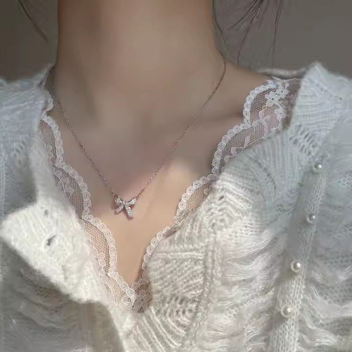 亚马逊饰品s925纯银轻奢蝴蝶结项链小众设计高级简约甜美颈链