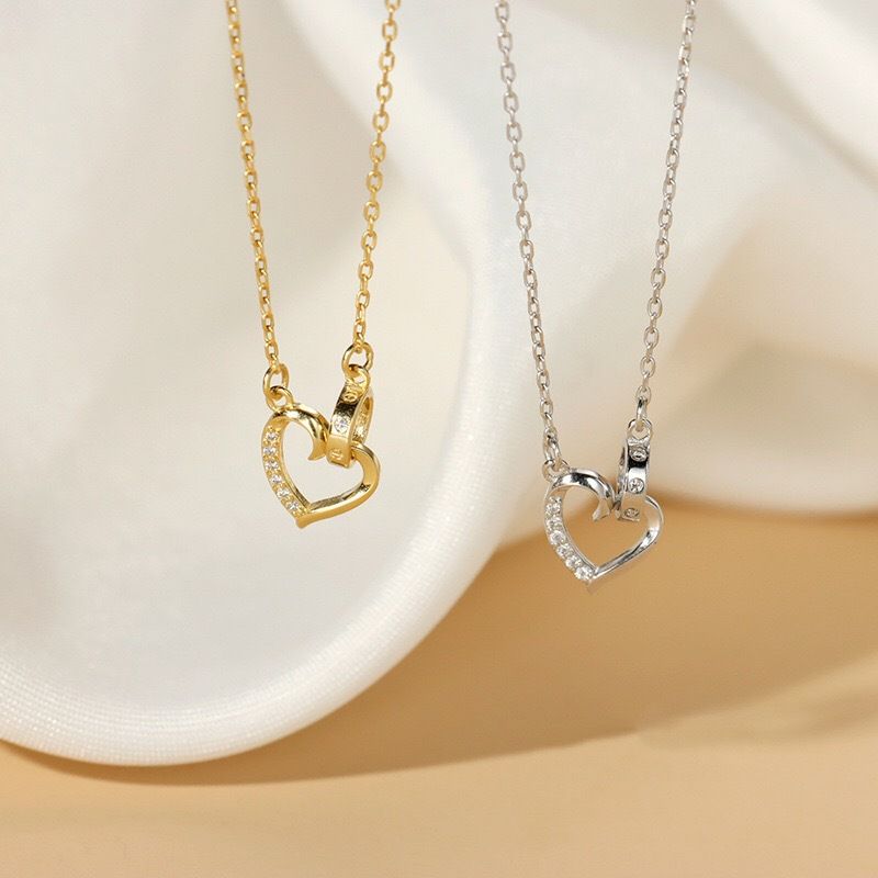 s925纯银爱心双环项链女轻奢百搭小众设计环环相扣镶钻锁骨链