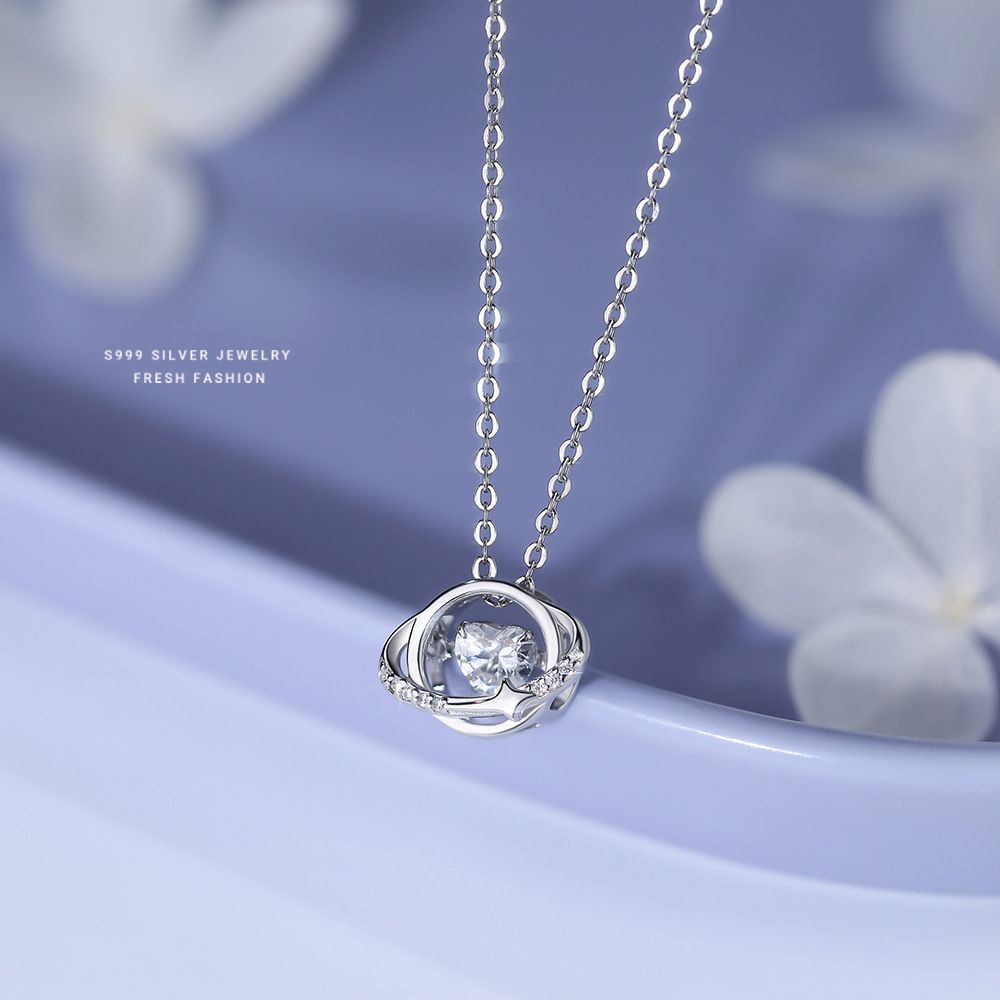 星空之心S999纯银灵动爱心项链女款微镶四芒星环锁骨链轻奢高级感