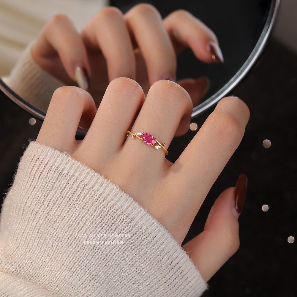 法式轻奢玫红色锆石枝叶戒指女s925纯银小众开口指环百搭设计代发