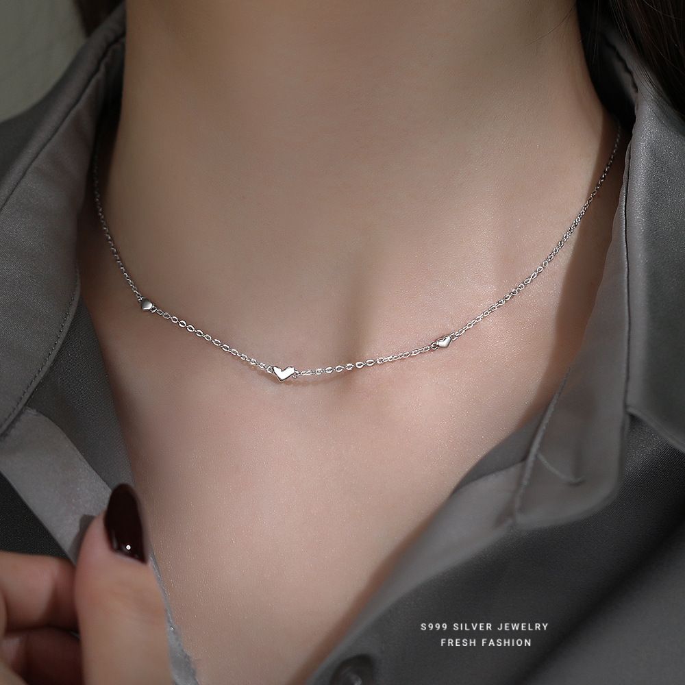 韩版小清新爱心项链女s999足银简约百搭小众轻奢叠戴锁骨链